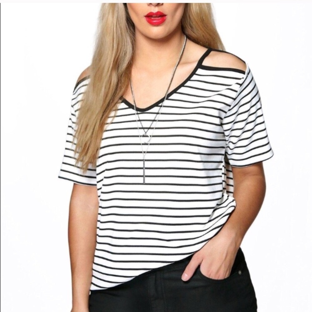 Boohoo Plus Stripe Top with Shoulder Cutouts